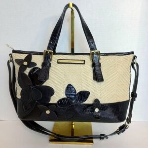 Brahmin Miramonte Cream Raffia & Black Leather Mini Asher Crossbody Satchel